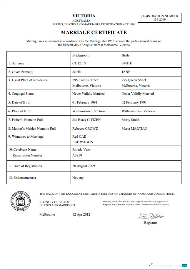 Download Australia Victoria marriage certificate template in Word Photoshop template